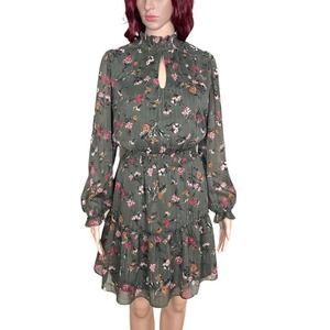 Drew Womens Green Floral Chiffon Dress Small Smocked Ruffle Lined Keyhole NWT